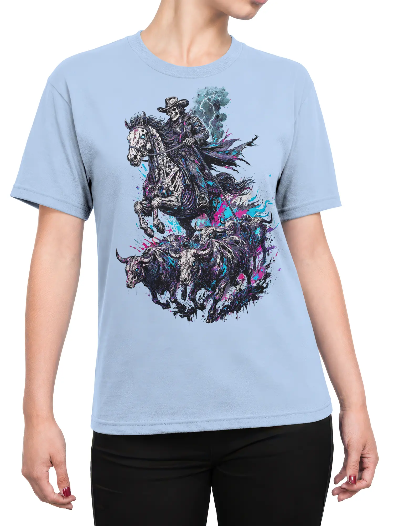 Female torso wearing a light blue T-shirt with a skeleton cowboy and skeletal horse graphic