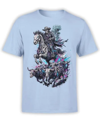 Skeleton cowboy riding a skeletal horse above a charging horned herd on a light blue graphic T-shirt