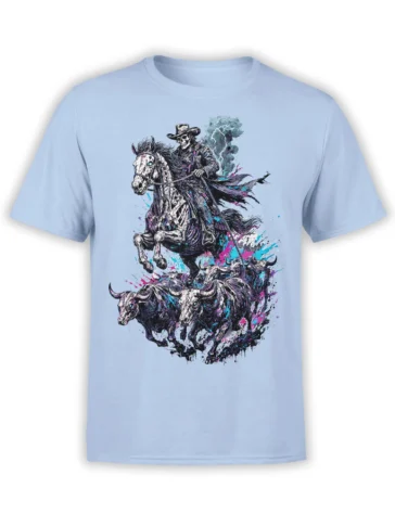 Skeleton cowboy riding a skeletal horse above a charging horned herd on a light blue graphic T-shirt