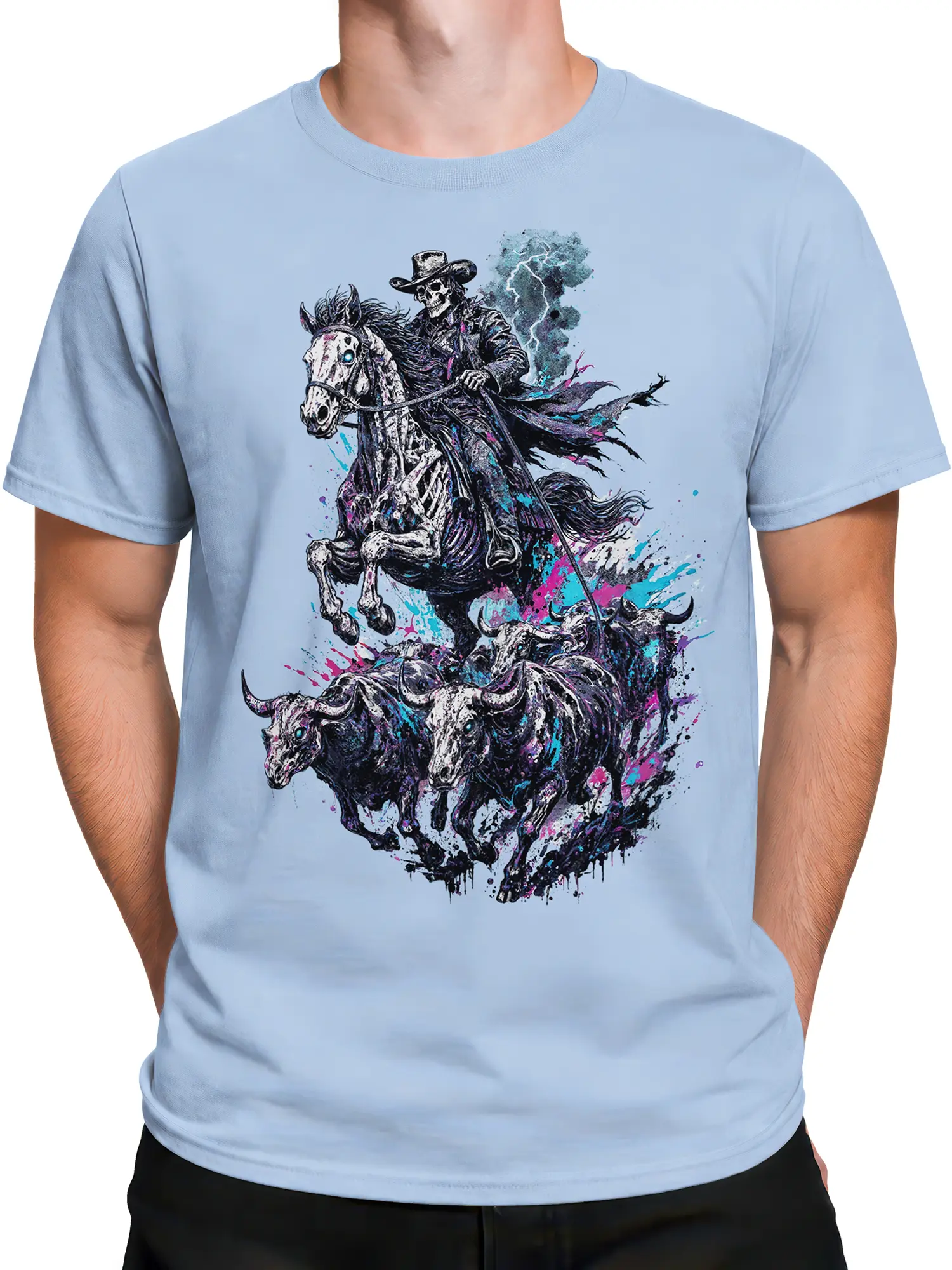Male torso wearing a light blue T-shirt with a dark skeleton cowboy graphic