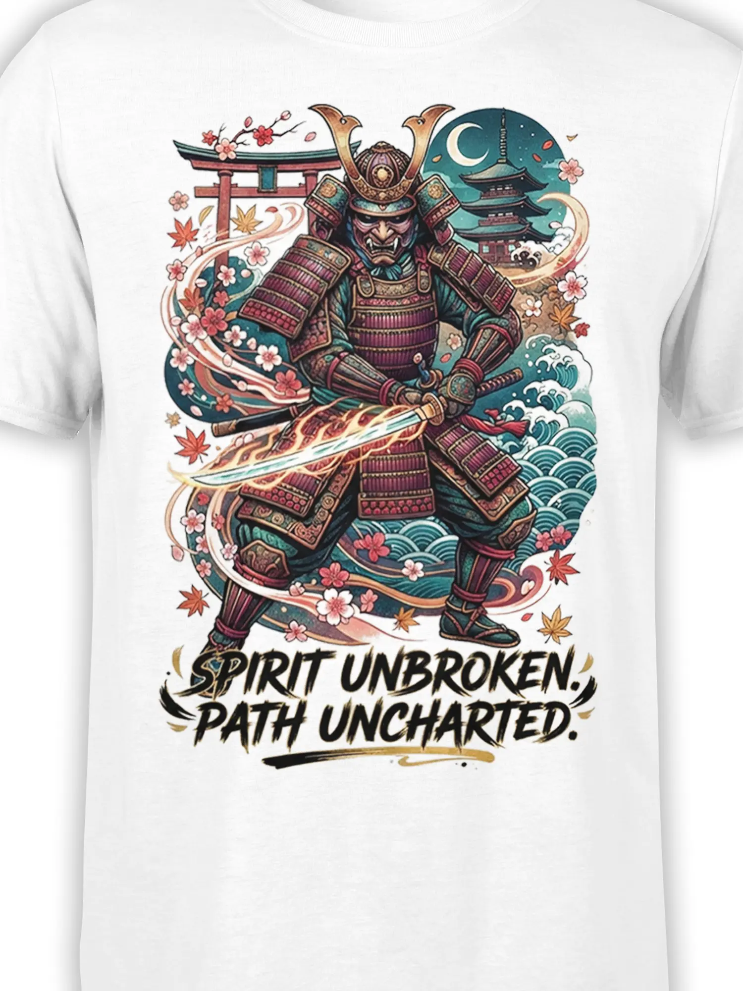 Close-up of white T-shirt design showing samurai armor, glowing katana, cherry blossoms, pagoda, and waves