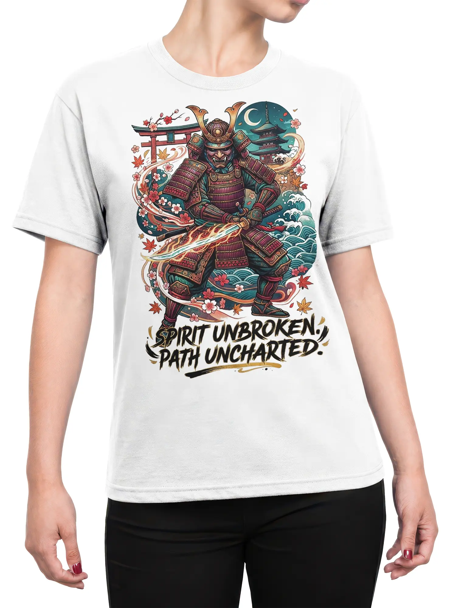 Female torso wearing a white samurai T-shirt with katana, cherry blossoms, Japanese scenery, and bold text