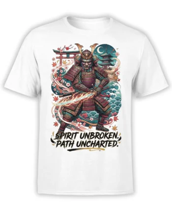 White T-shirt with armored Japanese samurai, katana, cherry blossoms, waves, and Spirit Unbroken text