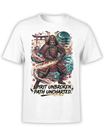 White T-shirt with armored Japanese samurai, katana, cherry blossoms, waves, and Spirit Unbroken text