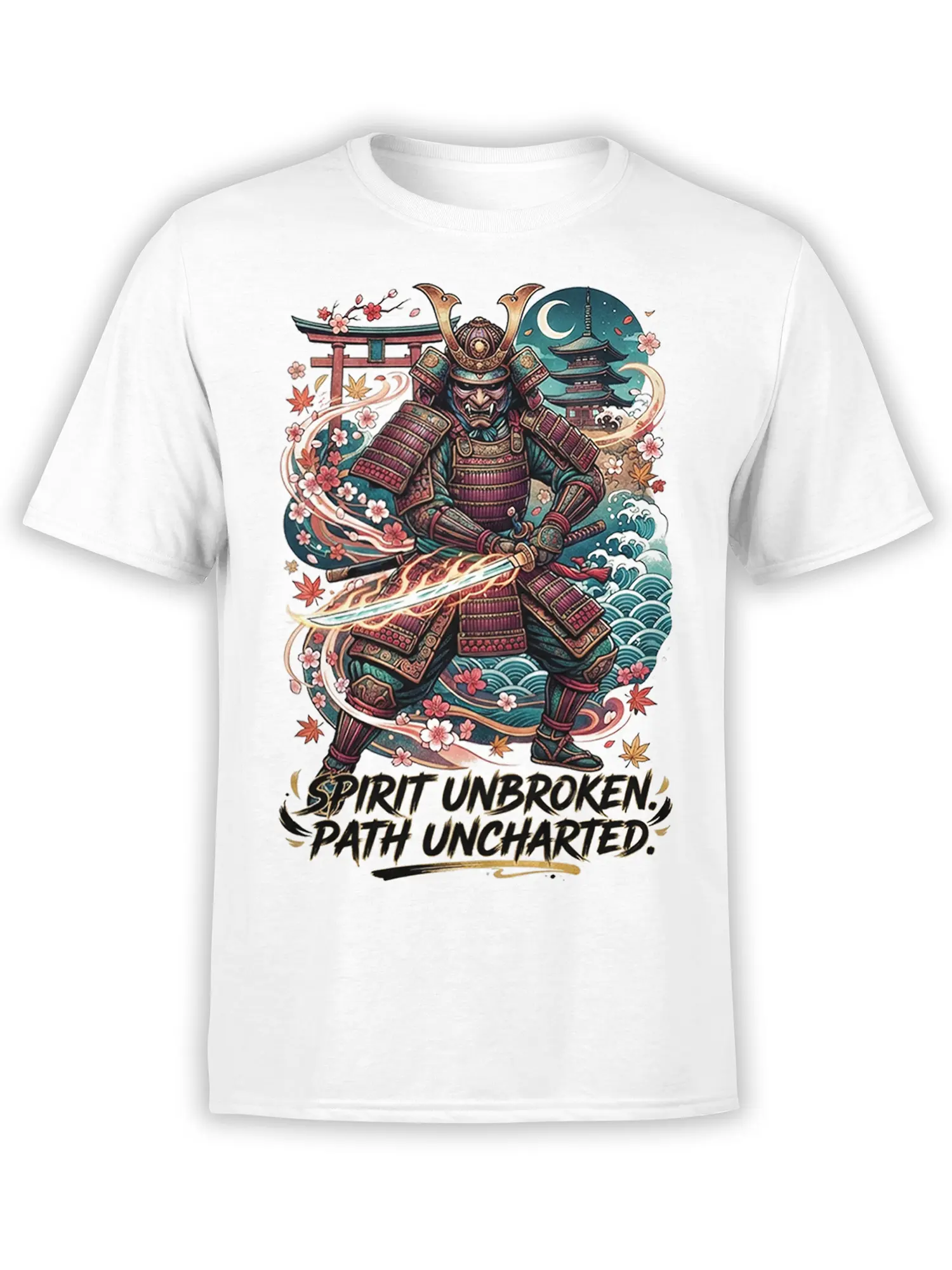 White T-shirt with armored Japanese samurai, katana, cherry blossoms, waves, and Spirit Unbroken text