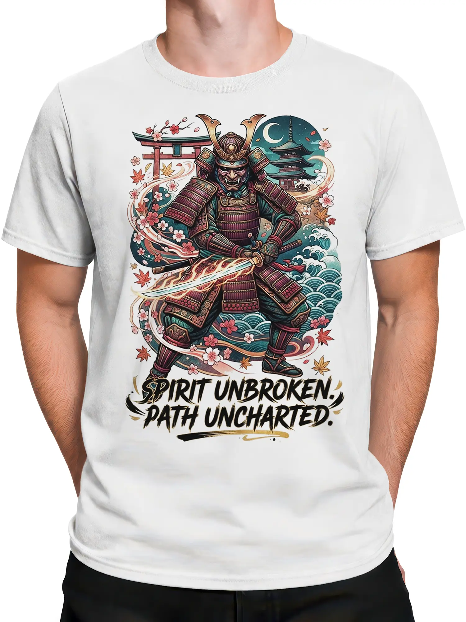 Male torso wearing a white Japanese samurai T-shirt with armor, katana, blossoms, waves, and motivational lettering