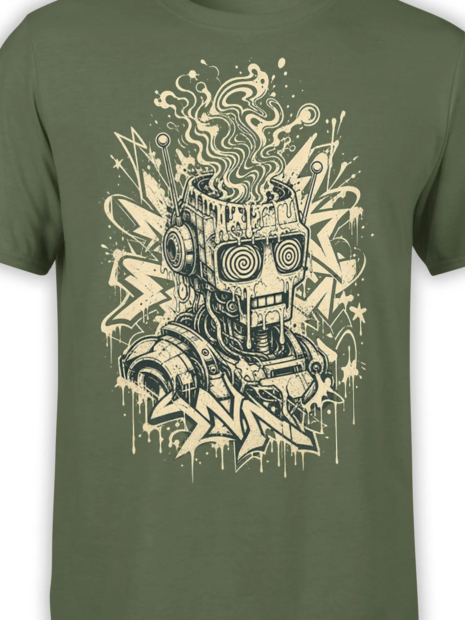 Close-up of the dripping robot artwork with circular eyes, gears, antennas, and bold cream details on olive green fabric