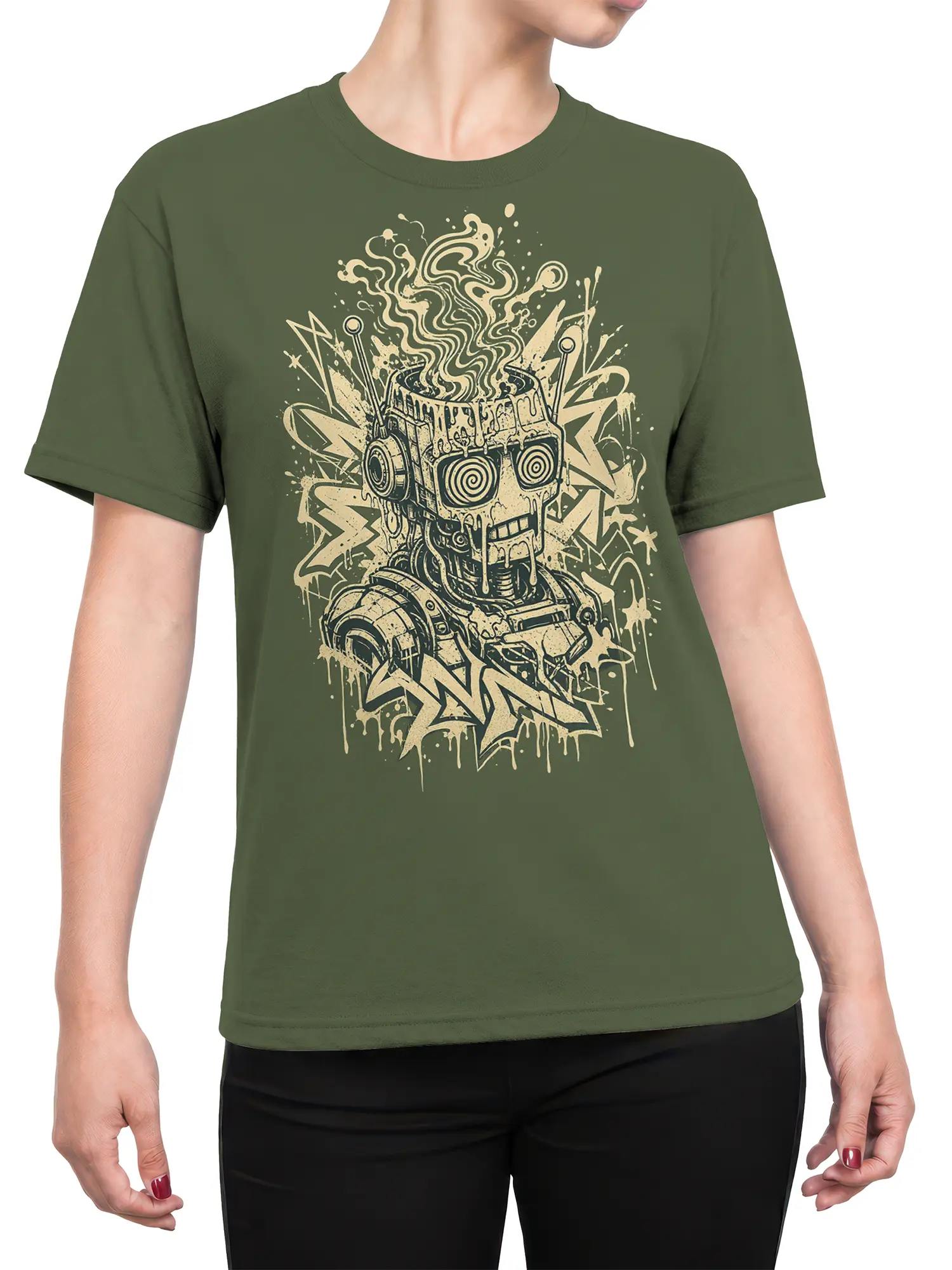 Female torso wearing an olive green T-shirt with a detailed dripping robot, smoke, gears, and lightning graphic