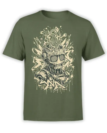 Dripping mechanical robot graphic with spiral eyes, smoke, and lightning shapes on an olive green T-shirt