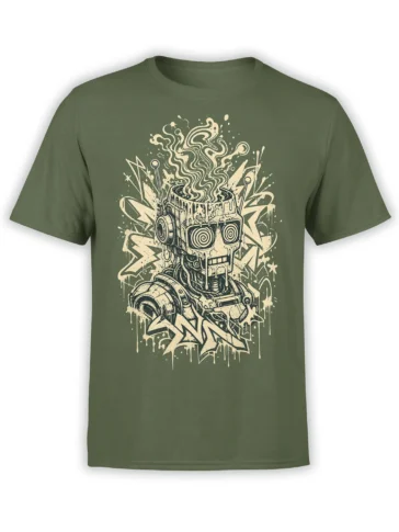 Dripping mechanical robot graphic with spiral eyes, smoke, and lightning shapes on an olive green T-shirt