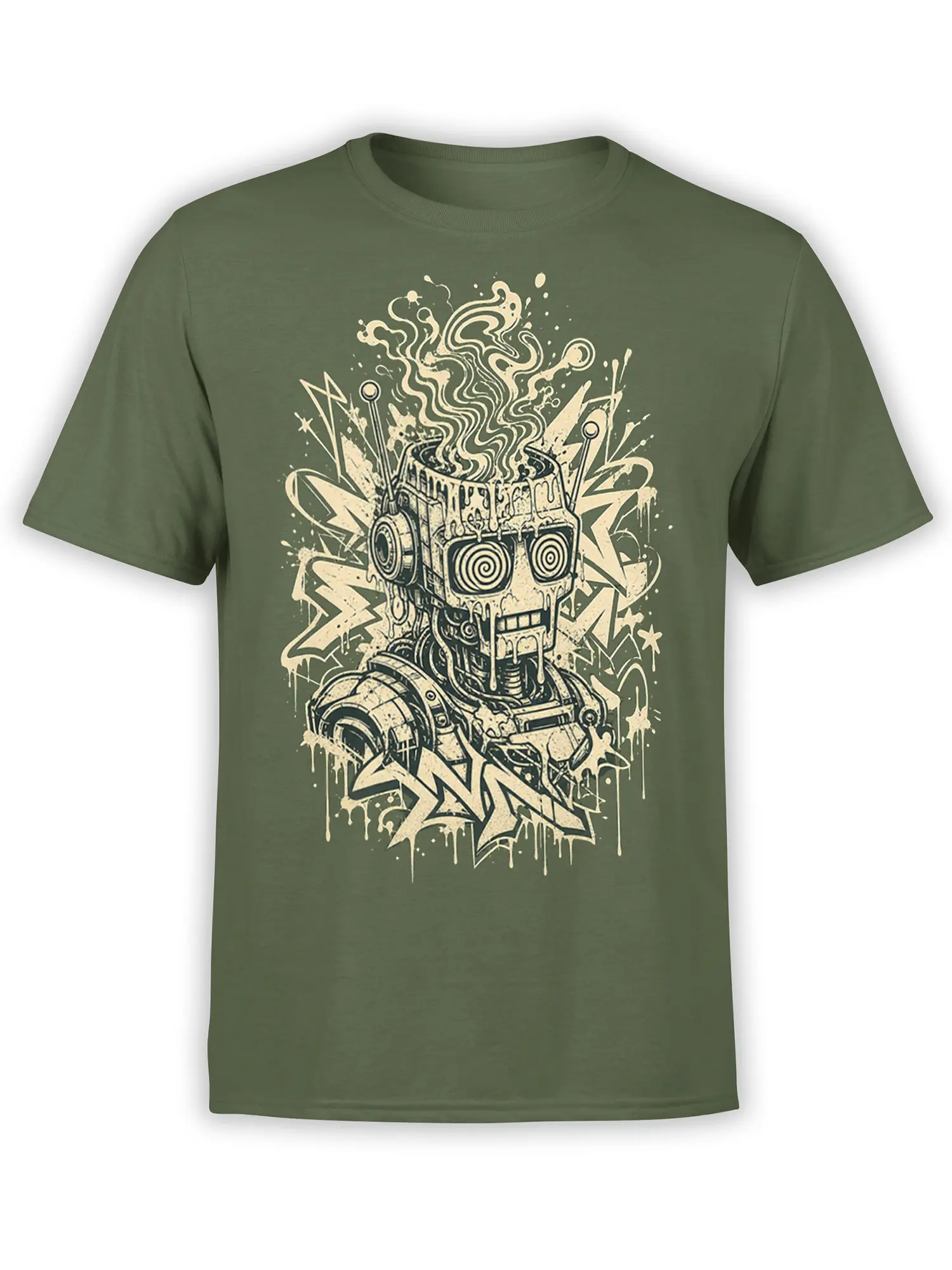 Dripping mechanical robot graphic with spiral eyes, smoke, and lightning shapes on an olive green T-shirt