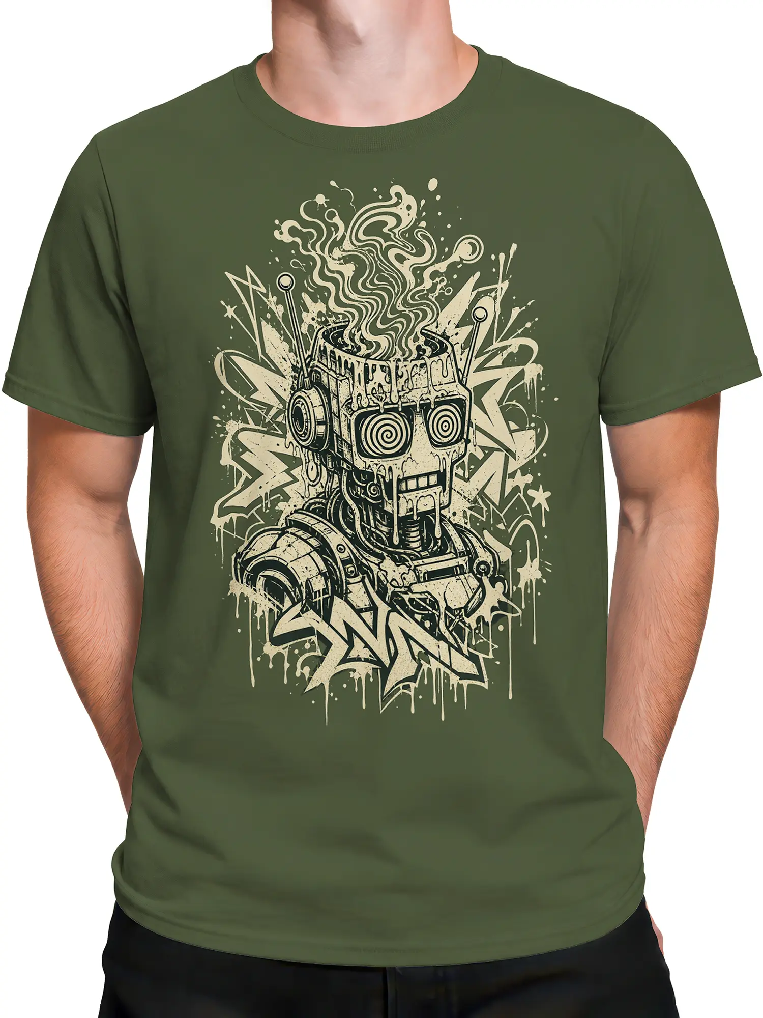 Male torso wearing an olive green T-shirt with a dripping mechanical robot and lightning graphic