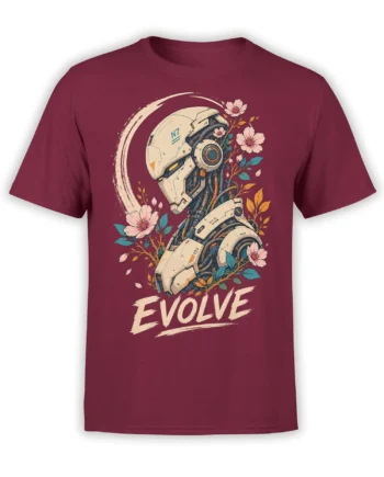 Futuristic armored robot with pink flowers and EVOLVE lettering on a burgundy robot T-shirt