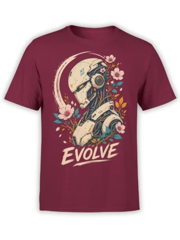 Futuristic armored robot with pink flowers and EVOLVE lettering on a burgundy robot T-shirt