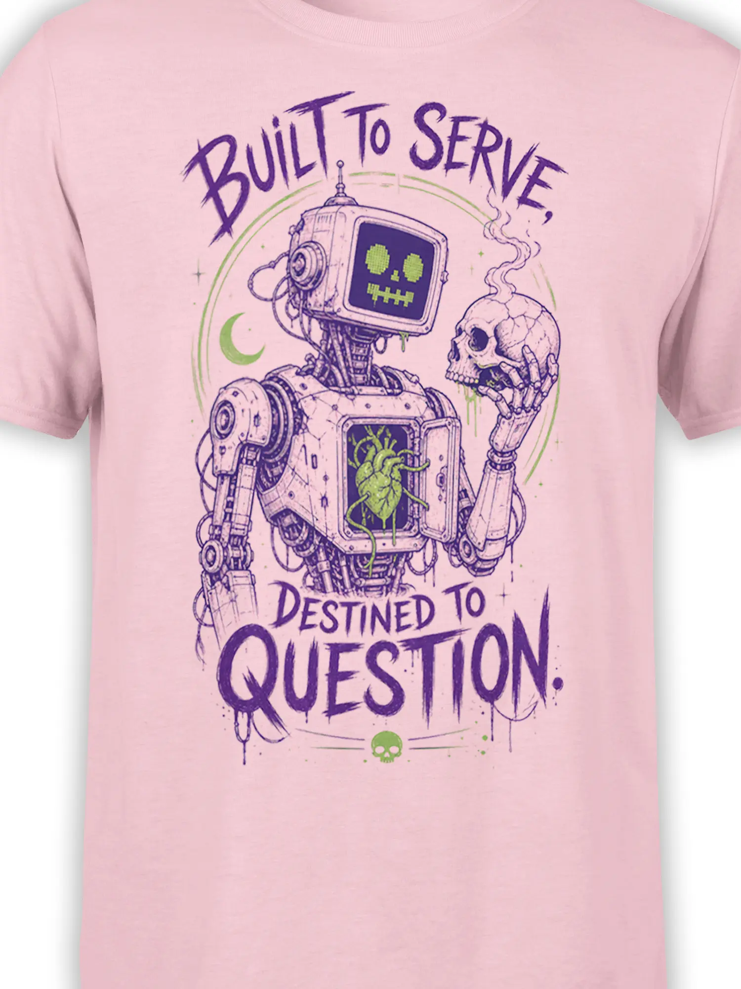 Close-up of robot graphic with green heart and skull on a pink science fiction T-shirt