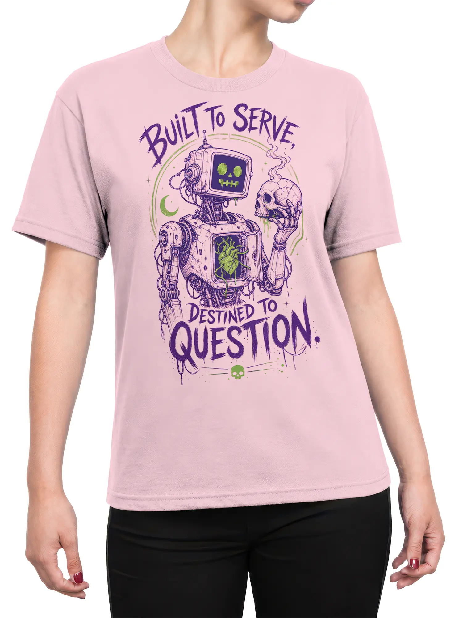 Female torso wearing a pink robot T-shirt with a green heart, skull, and retro sci-fi artwork