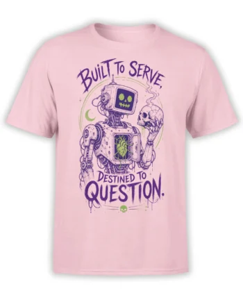 Retro-futurist robot holding a smoking skull on a pink T-shirt with bold purple lettering