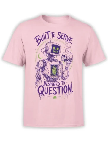 Retro-futurist robot holding a smoking skull on a pink T-shirt with bold purple lettering
