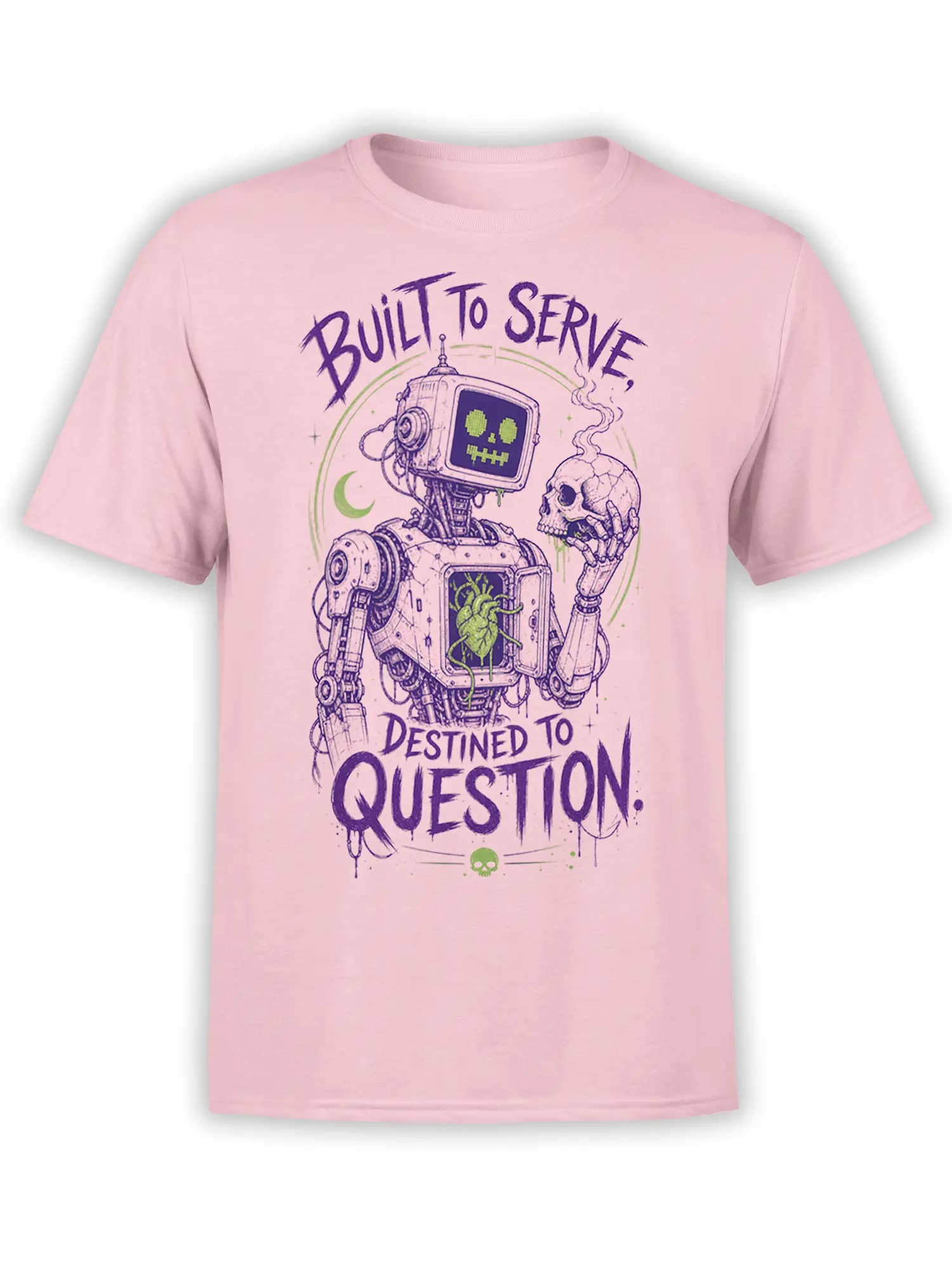 Retro-futurist robot holding a smoking skull on a pink T-shirt with bold purple lettering