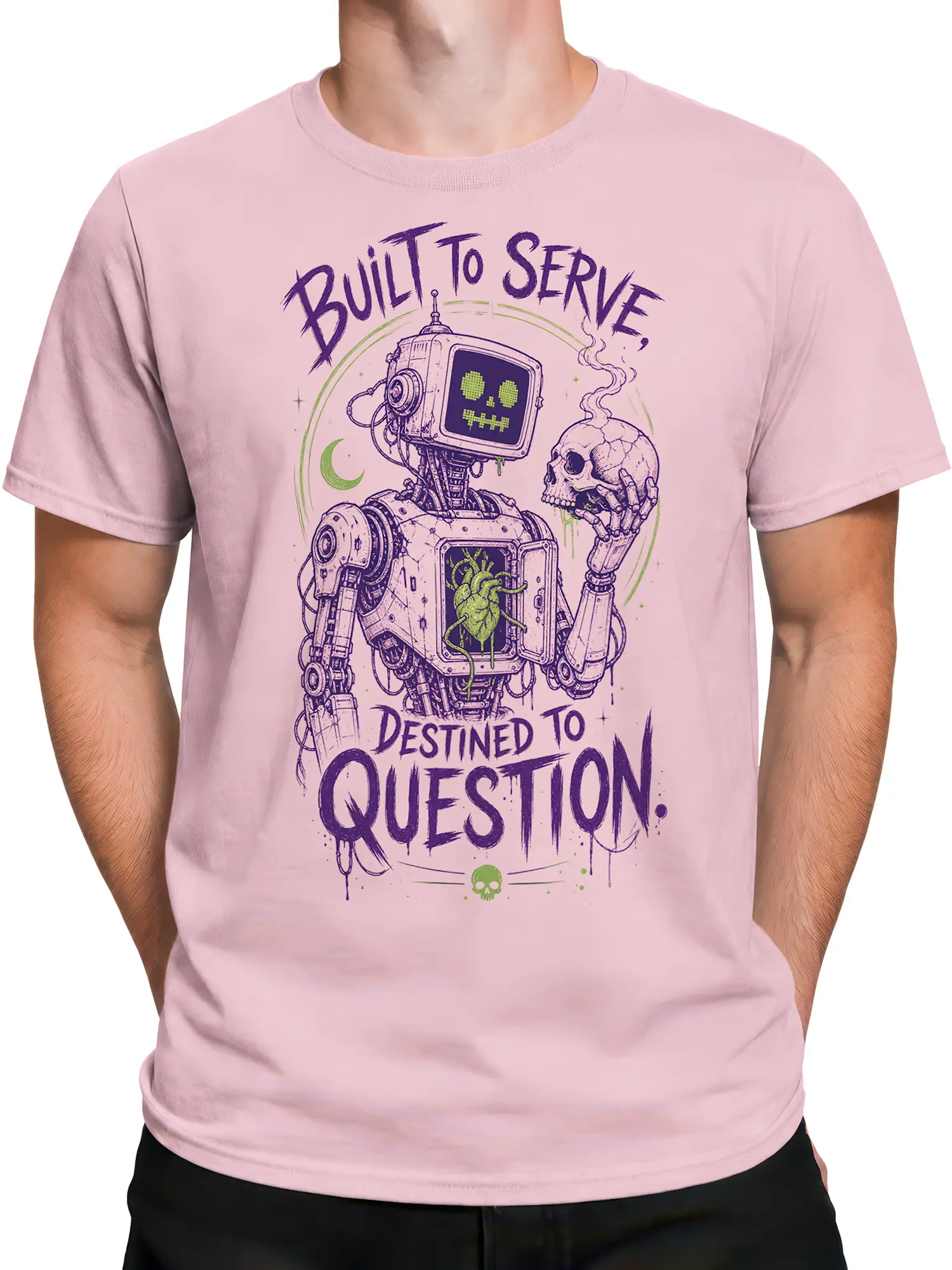 Male torso wearing a pink retro robot T-shirt with skull and green heart artwork