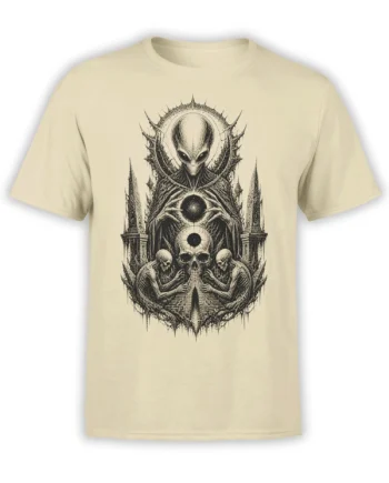 Beige alien T-shirt with a gothic extraterrestrial, skulls, skeletons, spires, and a cosmic orb