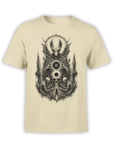 Beige alien T-shirt with a gothic extraterrestrial, skulls, skeletons, spires, and a cosmic orb