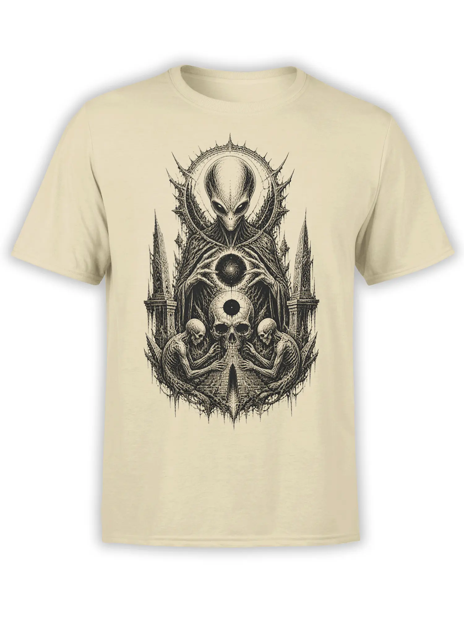 Beige alien T-shirt with a gothic extraterrestrial, skulls, skeletons, spires, and a cosmic orb