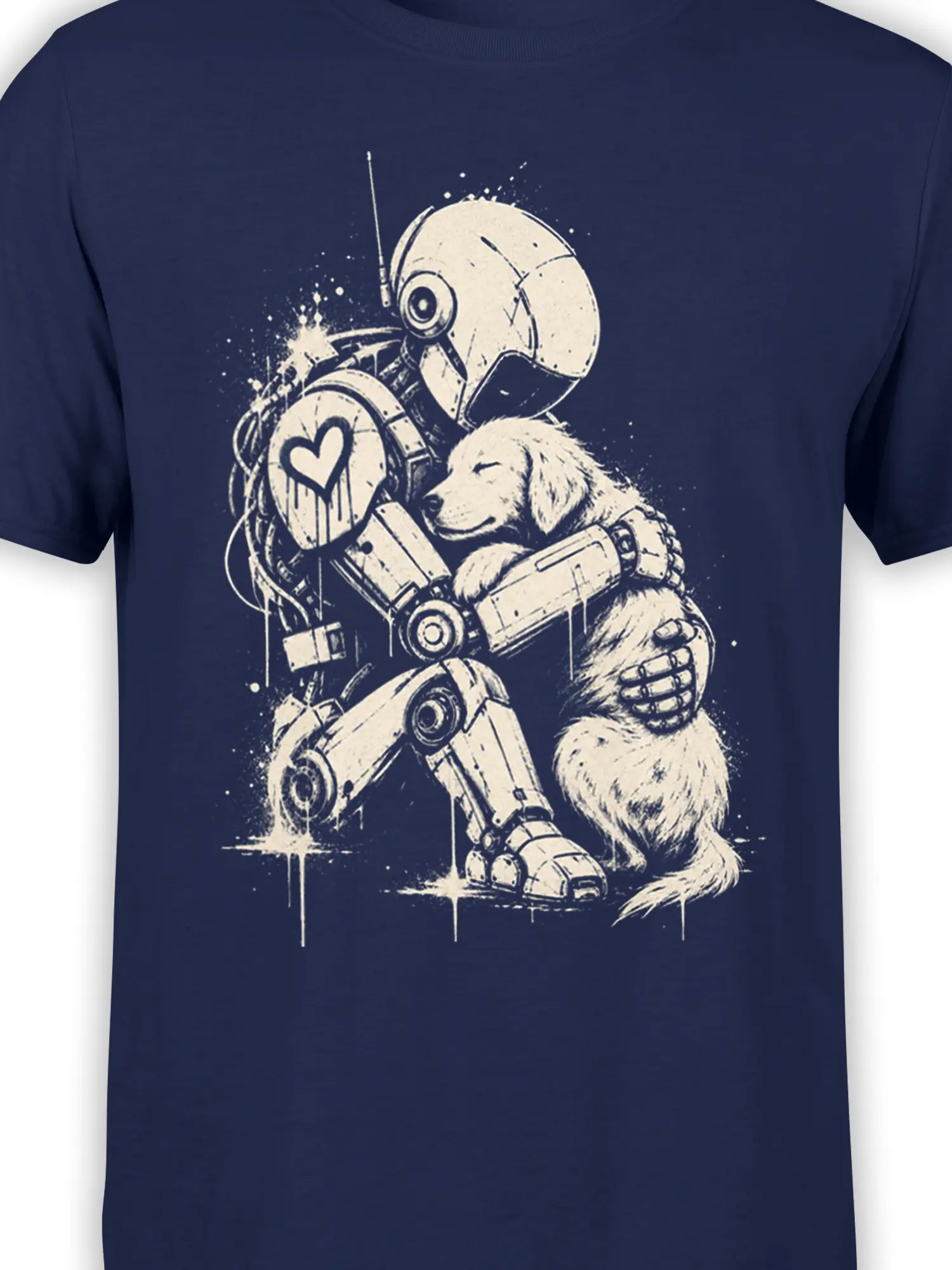 Close-up of the cream robot, puppy, heart symbol, and mechanical details on a navy graphic T-shirt