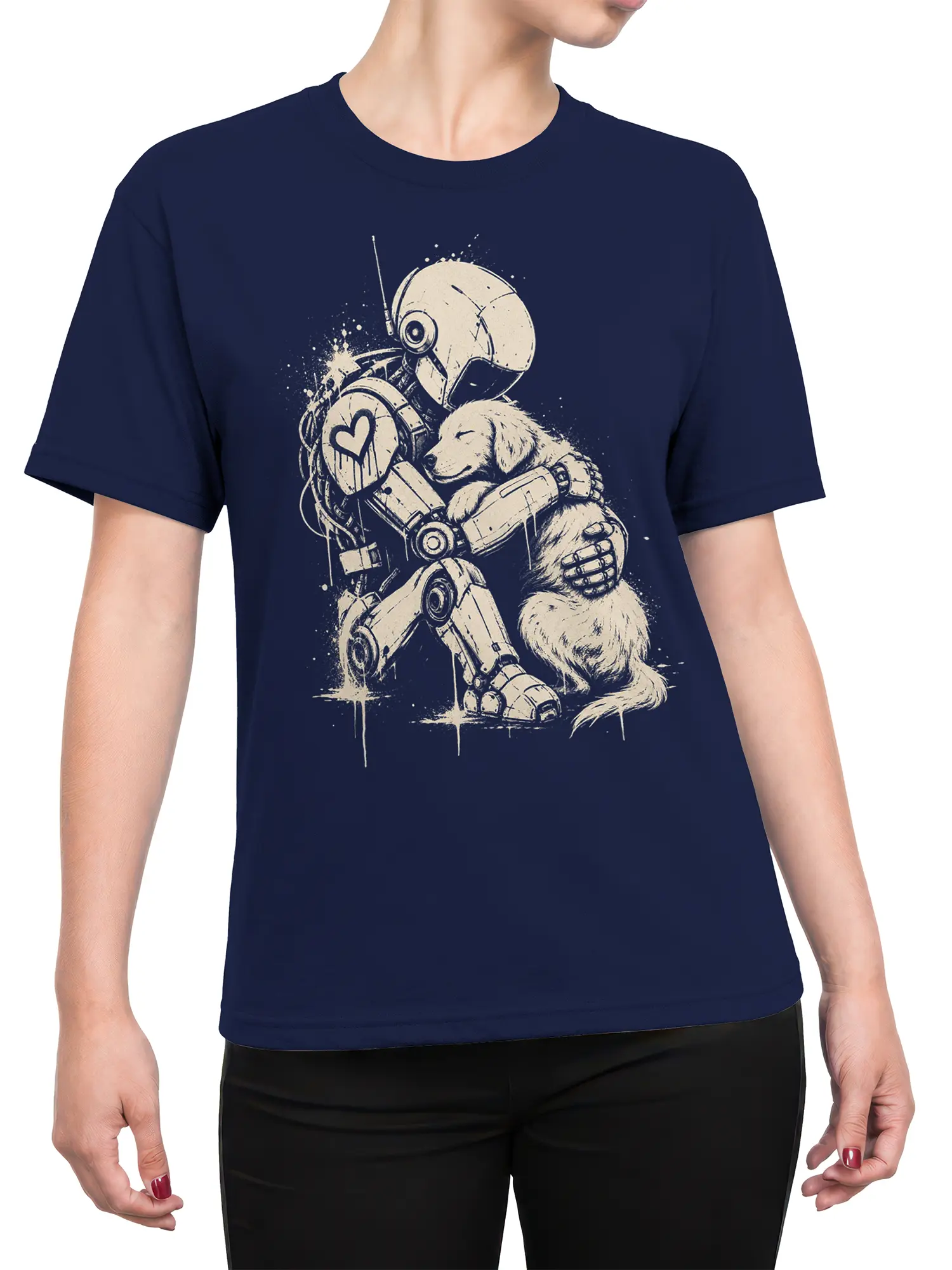 Female torso wearing a navy T-shirt with a cream robot hugging a sleepy puppy in vintage sci-fi style