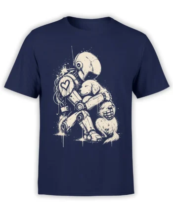 Vintage navy robot T-shirt with a cream machine hugging a sleepy puppy and showing a heart symbol