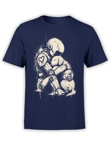 Vintage navy robot T-shirt with a cream machine hugging a sleepy puppy and showing a heart symbol