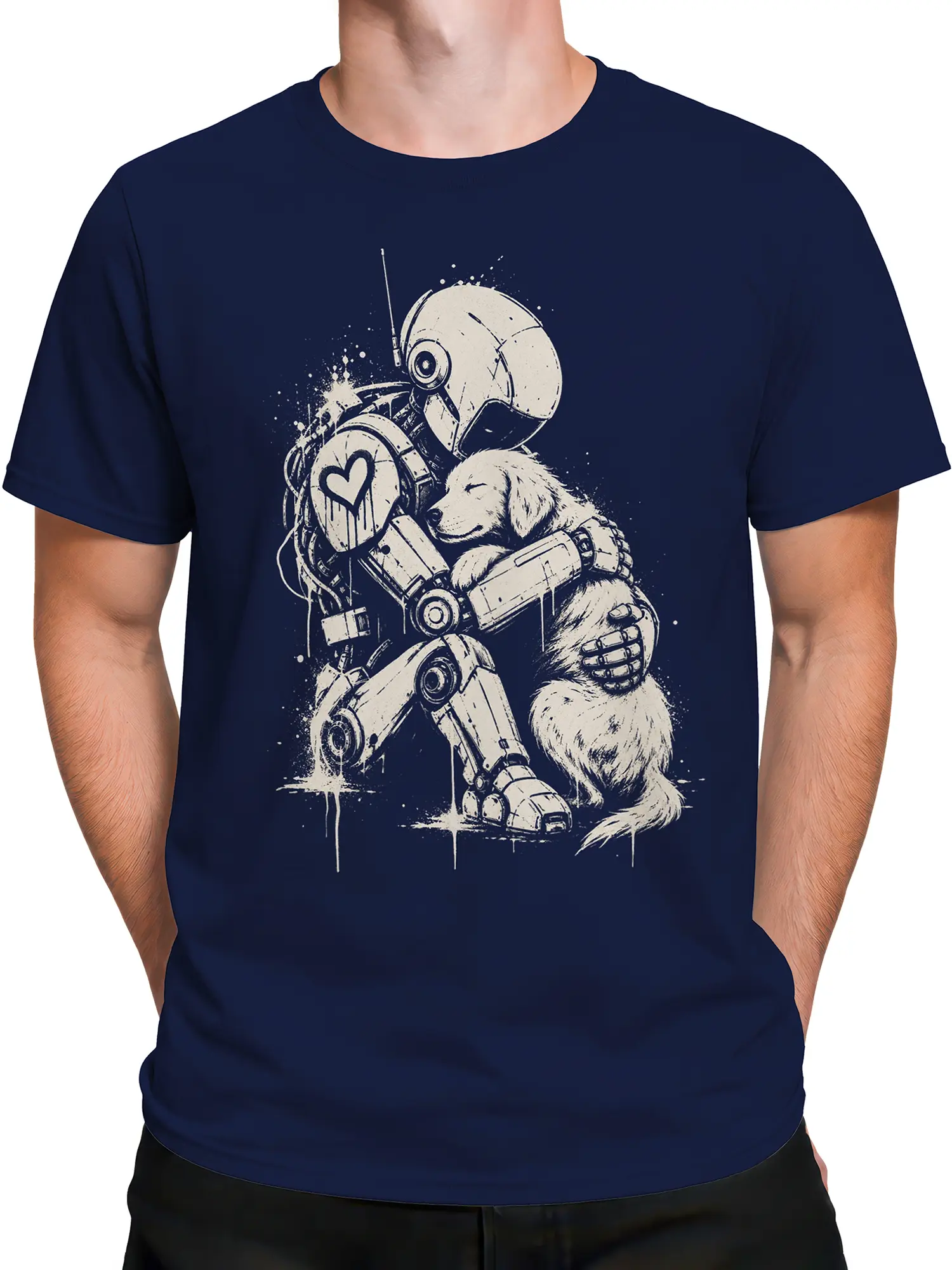 Male torso wearing a navy robot T-shirt with a cream puppy hug illustration and heart emblem