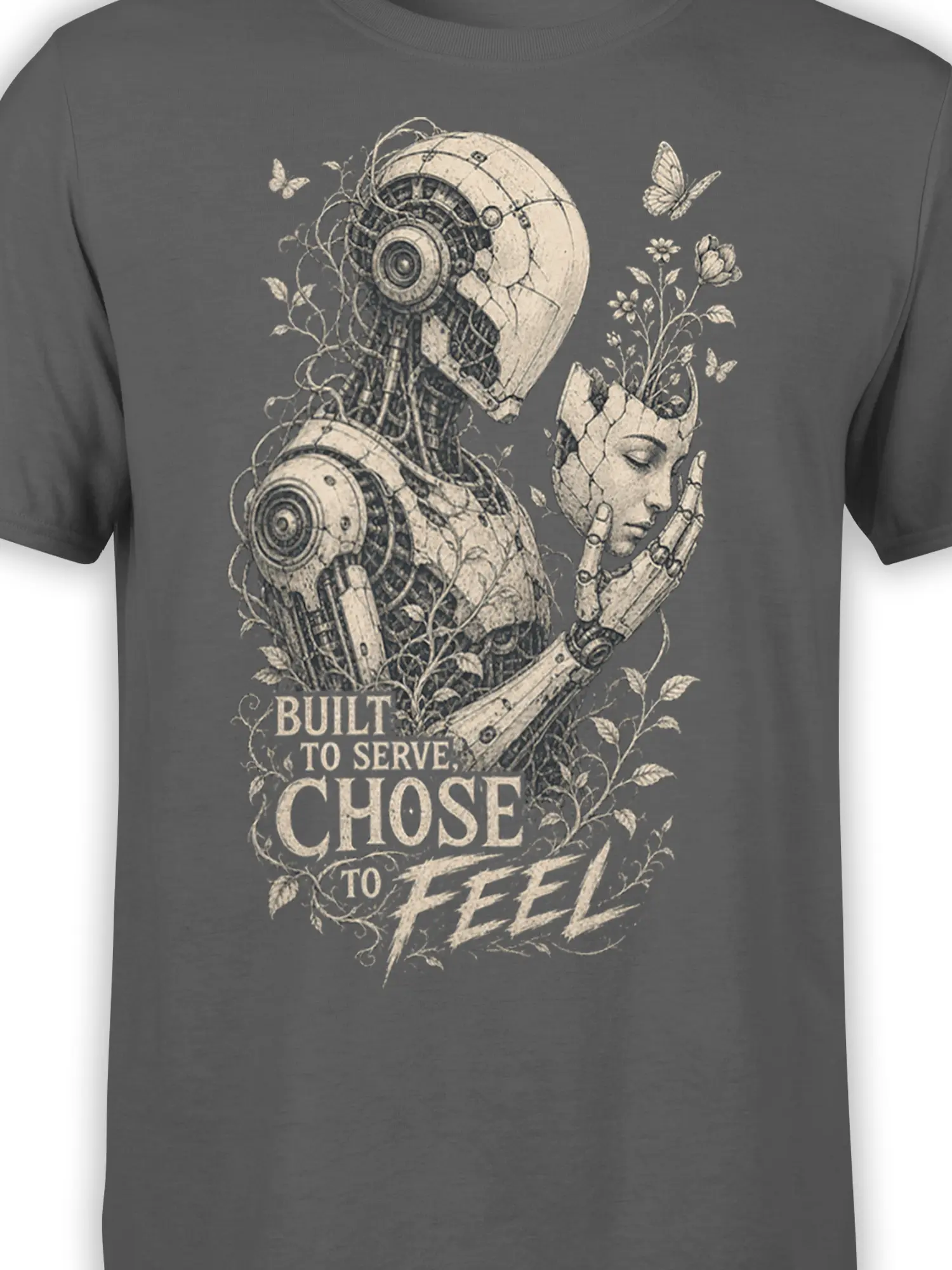 Close-up of the gray robot graphic tee showing mechanical details, botanical vines, butterflies, and printed lettering
