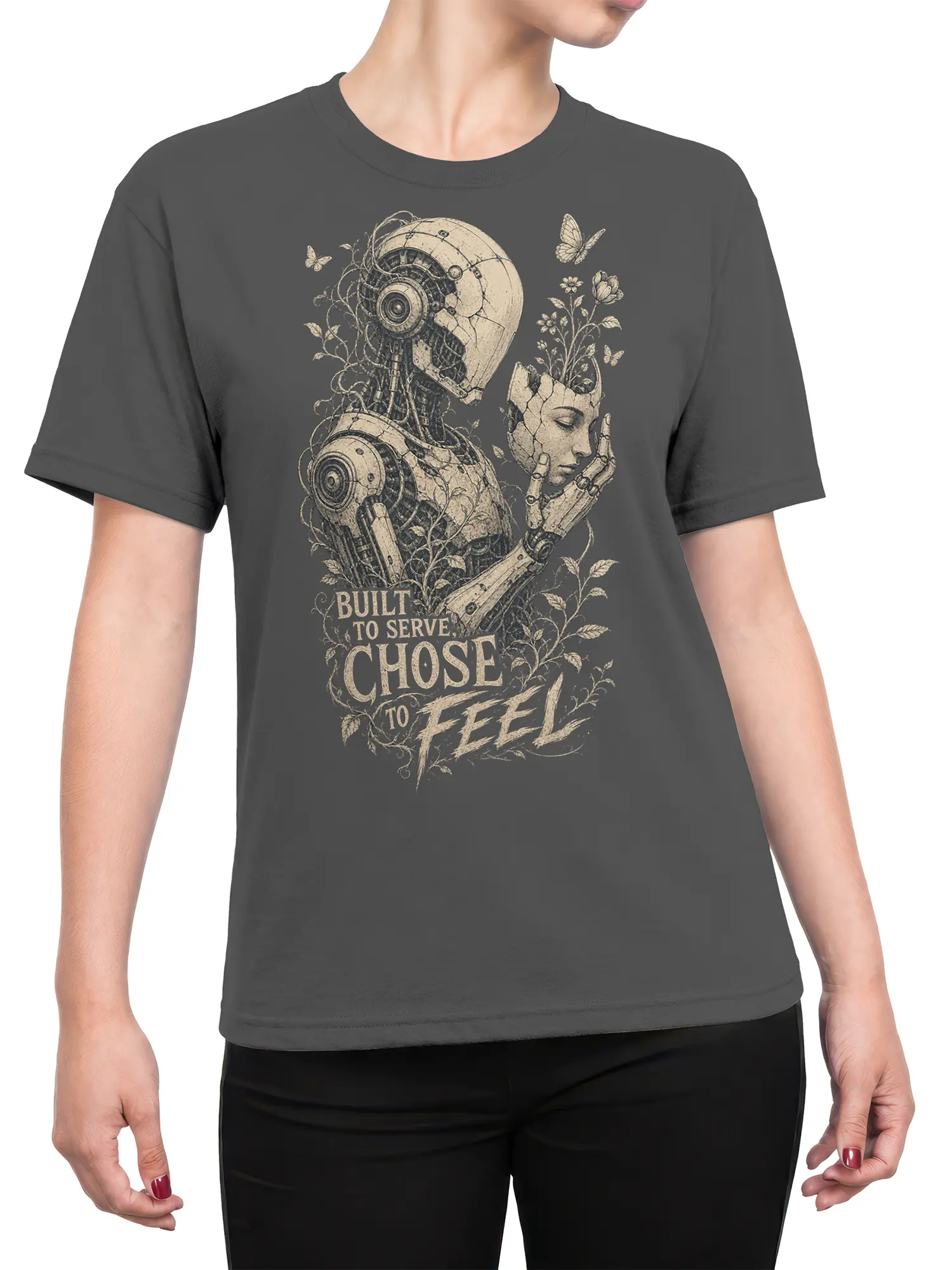 Female torso wearing a gray robot T-shirt with floral details, butterflies, and a thoughtful mechanical design