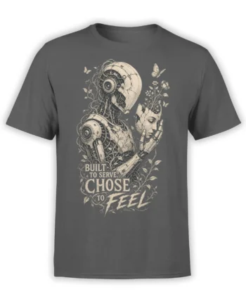 Gray robot T-shirt with flowers, butterflies, and “Built to Serve, Chose to Feel” vintage artwork