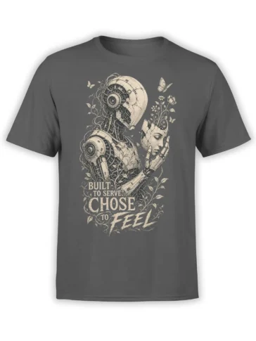 Gray robot T-shirt with flowers, butterflies, and “Built to Serve, Chose to Feel” vintage artwork