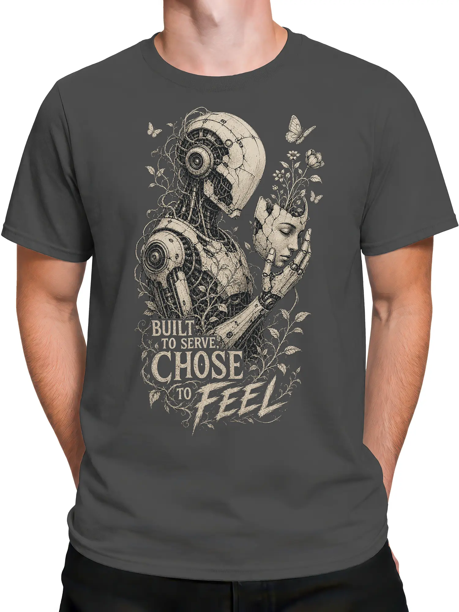 Male torso wearing a gray robot T-shirt with vintage mechanical artwork and the words “Chose to Feel”