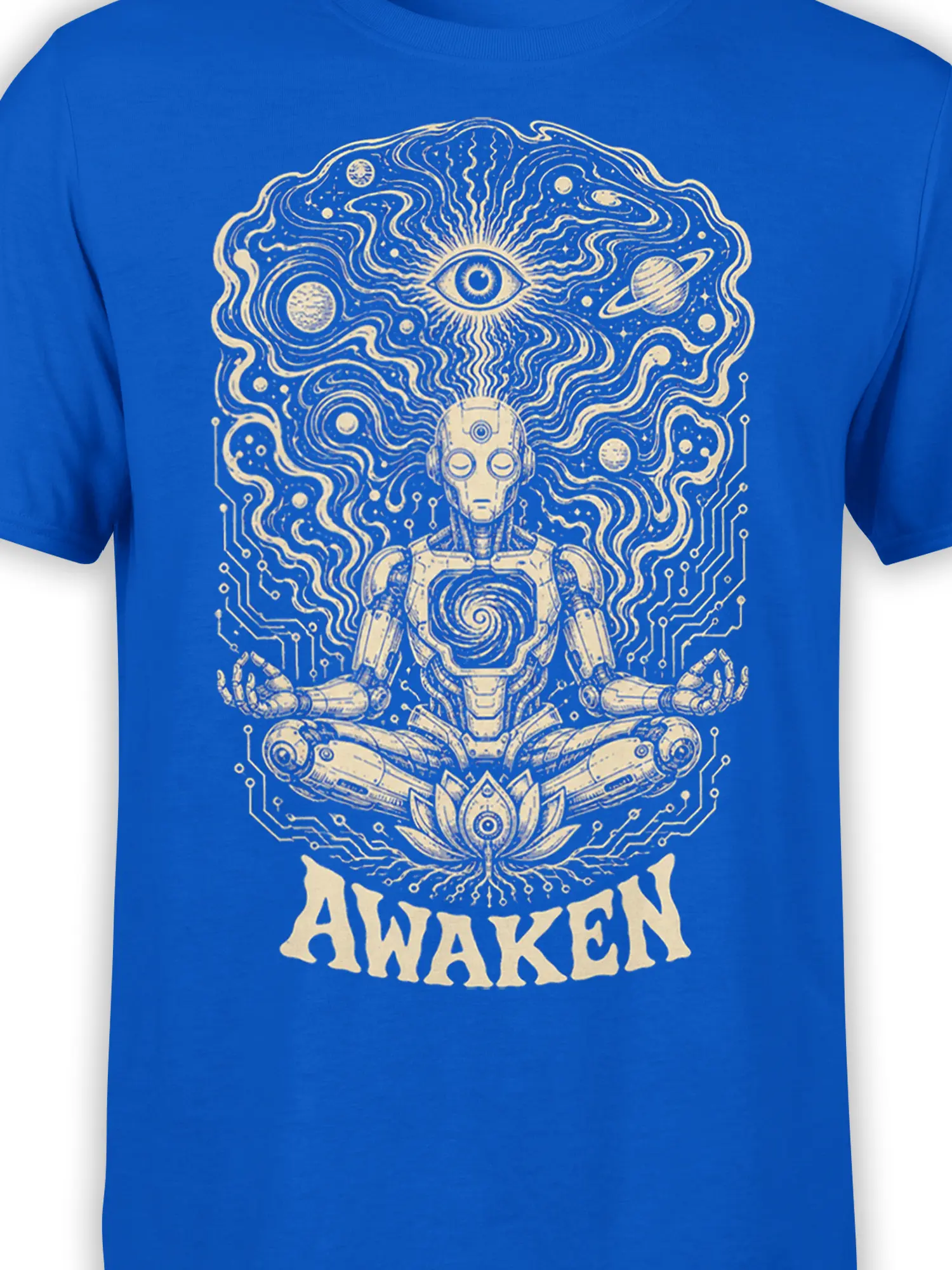 Close-up of blue shirt artwork showing a meditating robot, cosmic eye, planets, lotus, and AWAKEN lettering