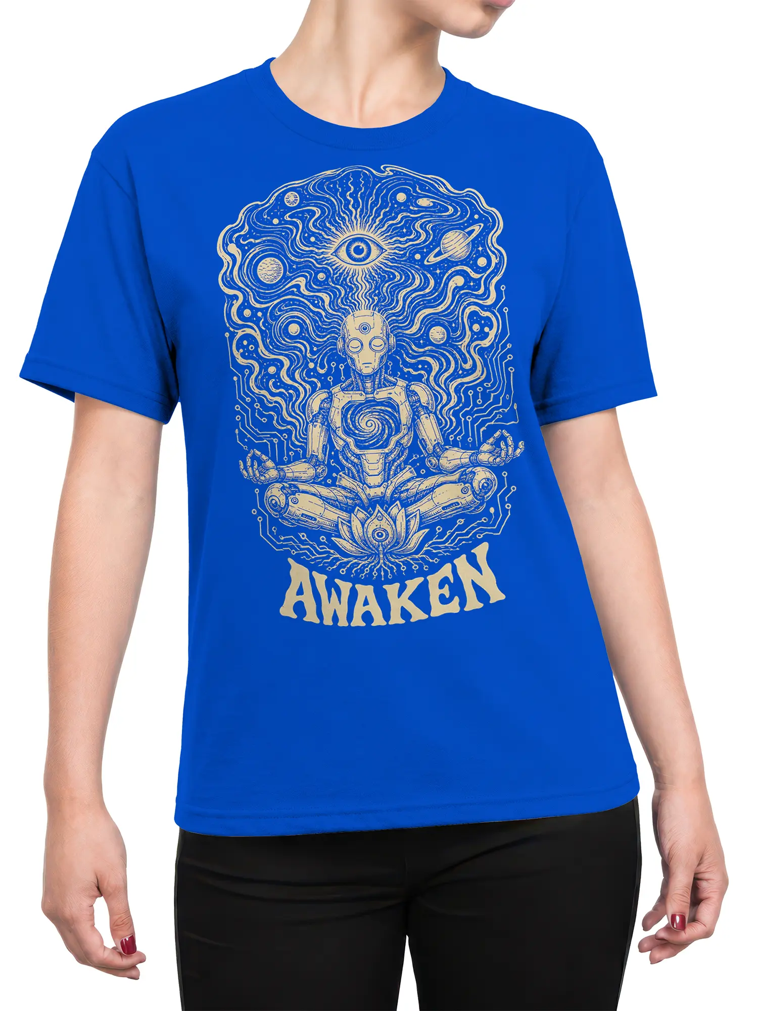 Female torso wearing a blue T-shirt with meditating robot, cosmic eye, planets, lotus, and AWAKEN design