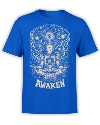 Blue robot meditation T-shirt with cosmic eye, planets, lotus, circuit lines, and AWAKEN text