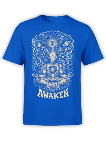 Blue robot meditation T-shirt with cosmic eye, planets, lotus, circuit lines, and AWAKEN text