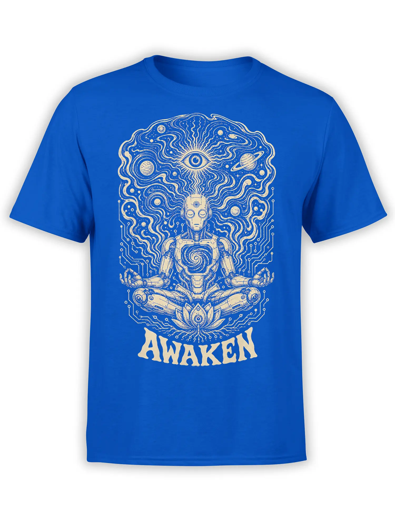 Blue robot meditation T-shirt with cosmic eye, planets, lotus, circuit lines, and AWAKEN text
