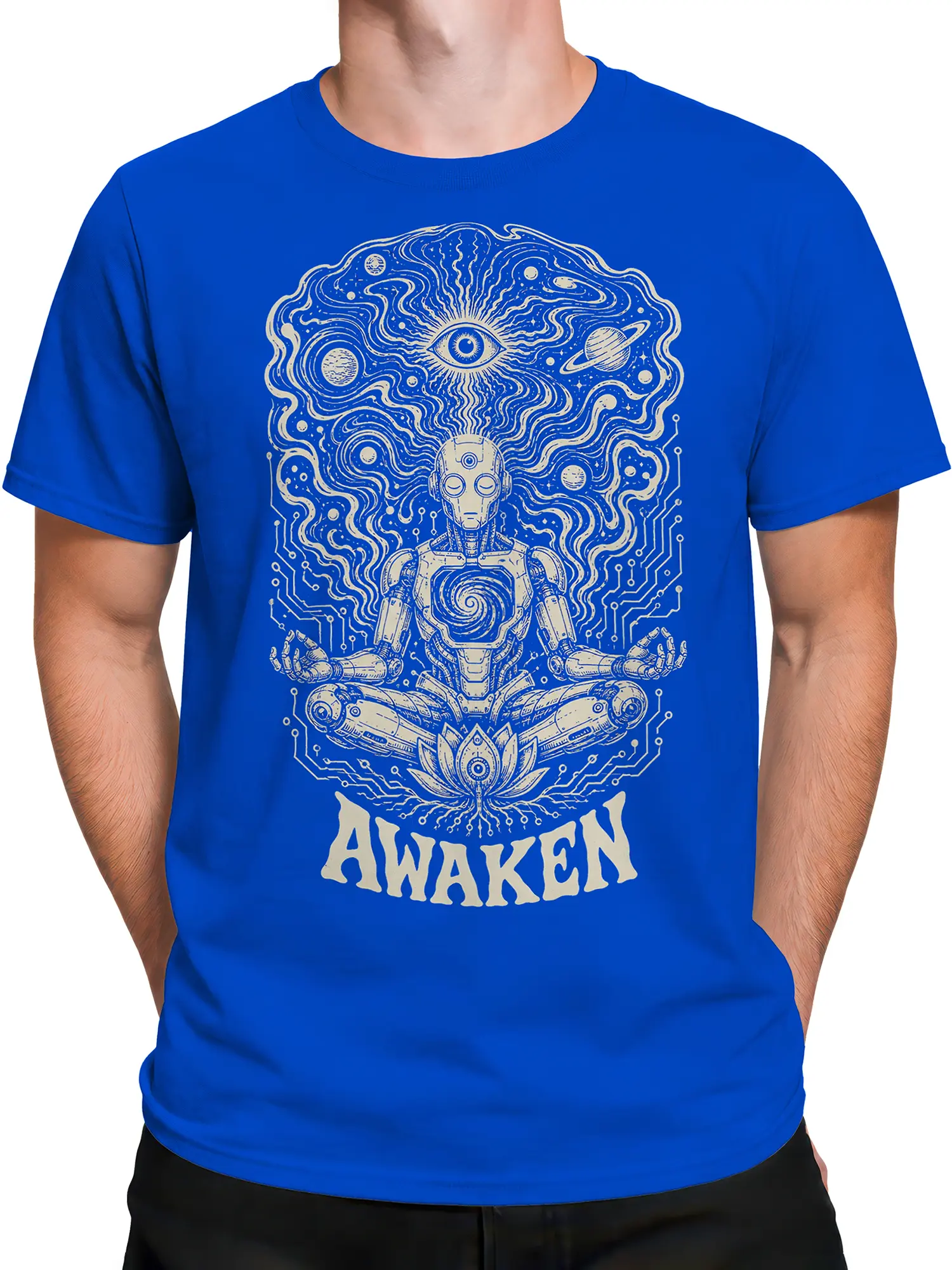 Male torso wearing a blue T-shirt with cosmic meditation robot, planets, lotus, and AWAKEN artwork