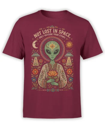 Maroon alien T-shirt with a green lotus-holding alien, moon, sun, UFOs, stars, flowers, and a space quote