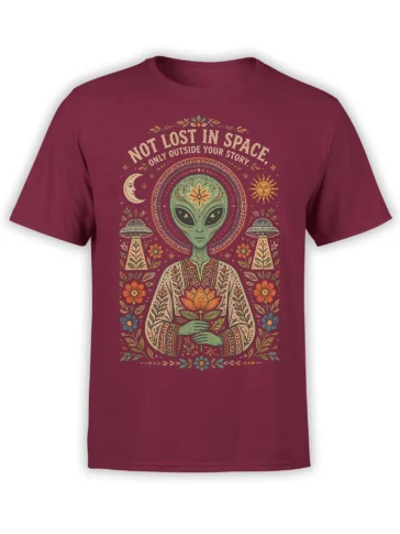 Maroon alien T-shirt with a green lotus-holding alien, moon, sun, UFOs, stars, flowers, and a space quote