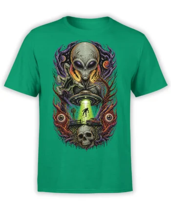 Green alien T-shirt with a vintage UFO abduction scene, planets, skull, giant eyes, and cosmic flames