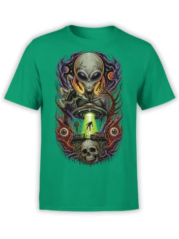 Green alien T-shirt with a vintage UFO abduction scene, planets, skull, giant eyes, and cosmic flames