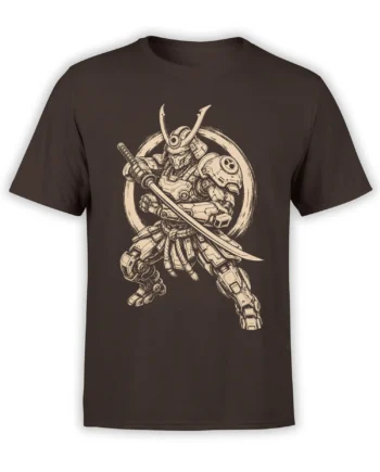 Mecha samurai robot warrior with a sword and horned helmet printed in cream on a dark brown T-shirt