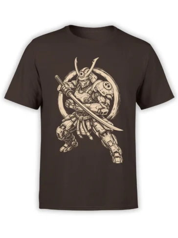 Mecha samurai robot warrior with a sword and horned helmet printed in cream on a dark brown T-shirt