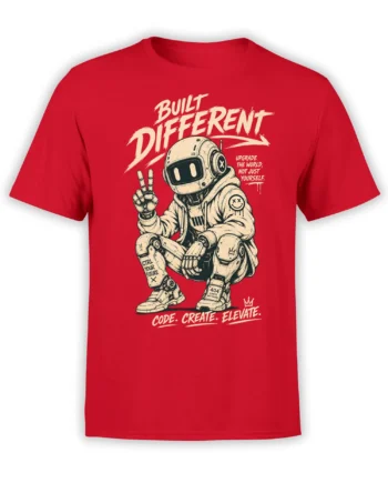 Red T-shirt with a futuristic robot, peace sign, and bold “Built Different” lettering